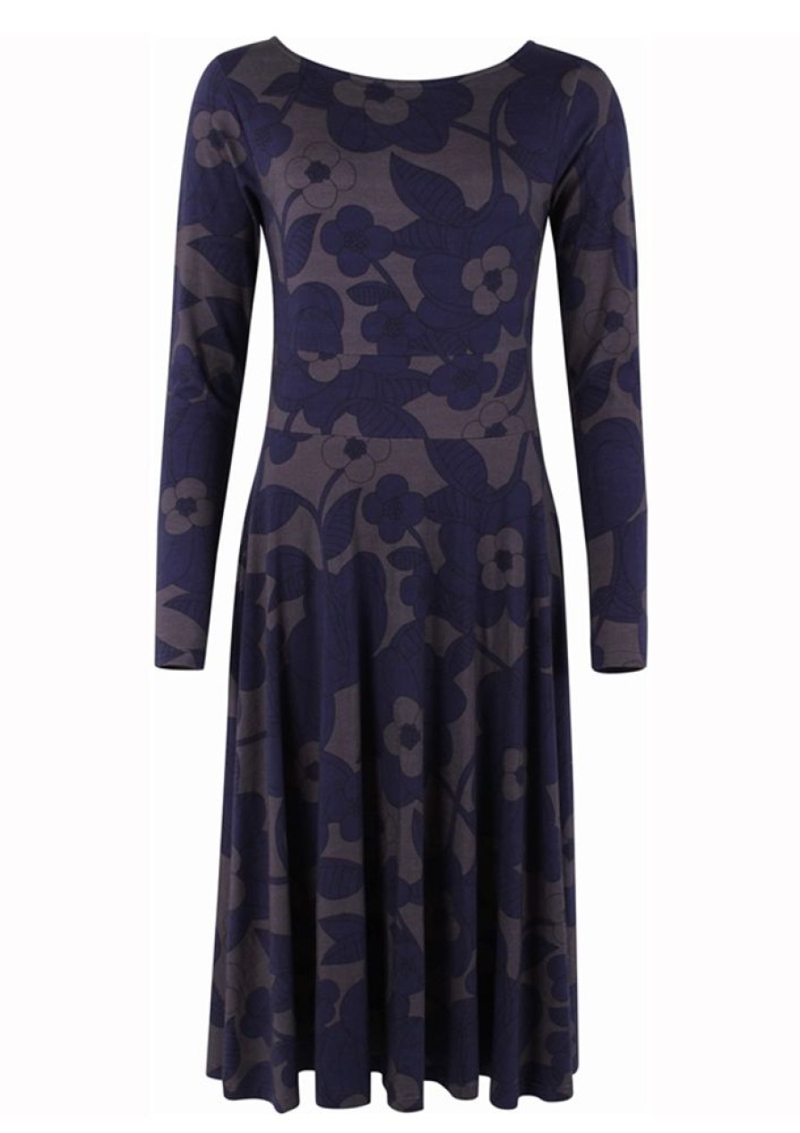 Baeredygtighed Danefæ | Danefae Kjole Organic - Danesigrid Viscose Slub Dress Grey Marine Bloom Bloom