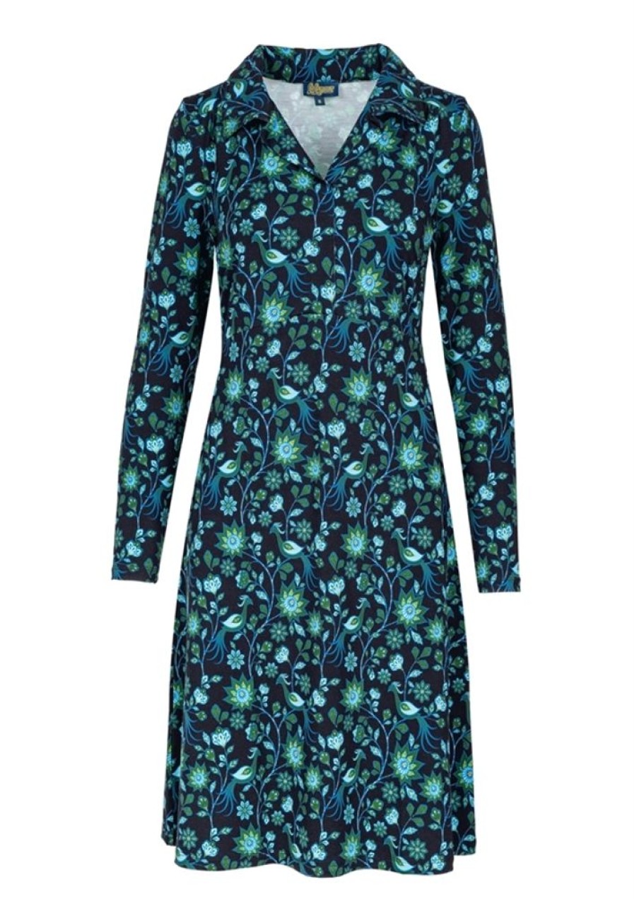 Kjoler Lalamour | Lalamour Kjole 2360 Collar Dress Marilyn Retro Birds Green